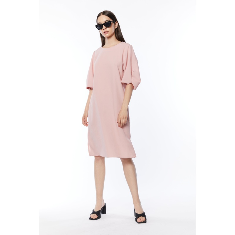 TWIST PUFF SLEEVE MIDI DRESS Pink Small