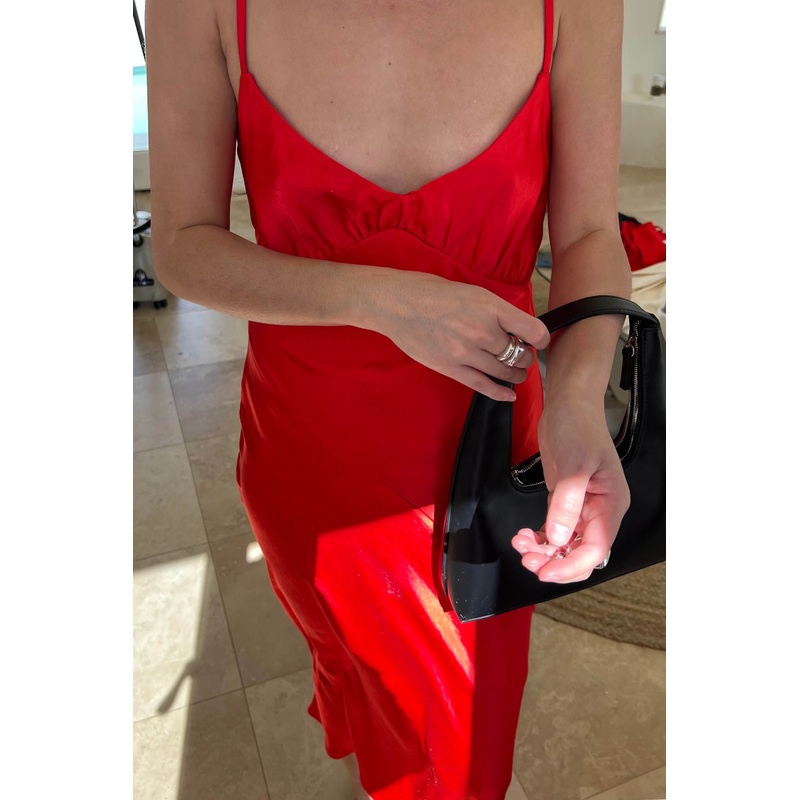 V-NECK SATIN SLIP DRESS Red Alert Double Extra Small