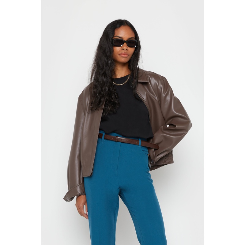 VEGAN LEATHER BOMBER JACKET Chocolate Brown Double Extra Small