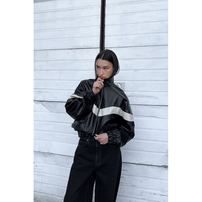 VEGAN LEATHER MOCKNECK RACER JACKET Black Small