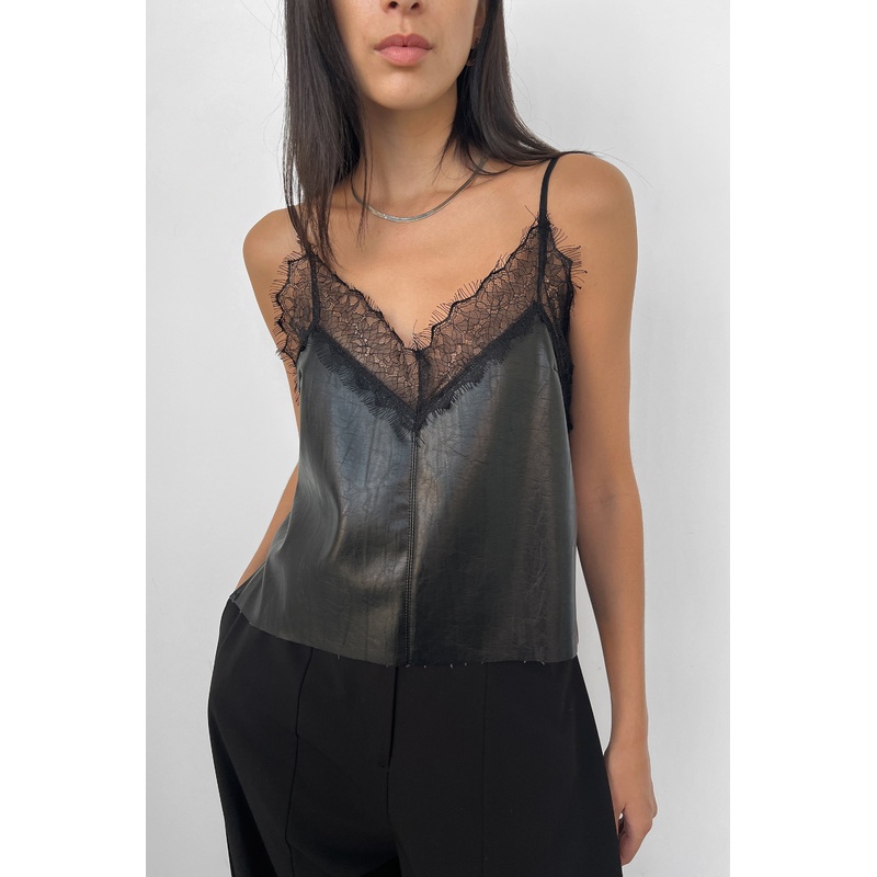 VEGAN LEATHER TANK WITH LACE Black Small