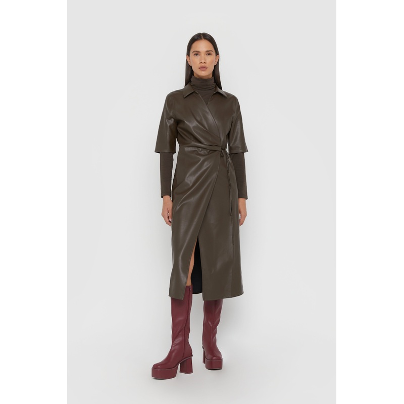 VEGAN LEATHER WRAP DRESS Turkish Coffee Extra Small