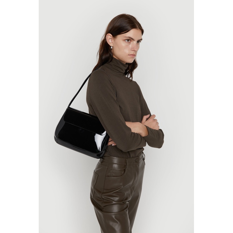 PATENT FRONT FLAP SHOULDER BAG Black One Size