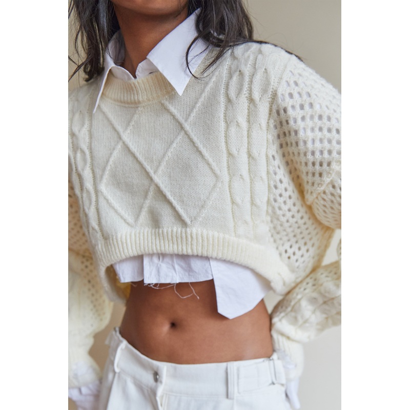 SUPER CROPPED PATTERNED SWEATER Cream Small