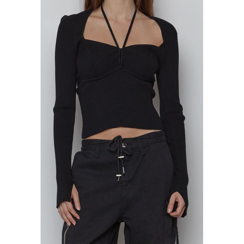 SWEETHEART KNIT TOP WITH HALTER TIES Black Extra Small