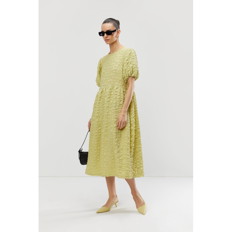 TEXTURED PUFF SLEEVE DRESS Lentil Sprout Small