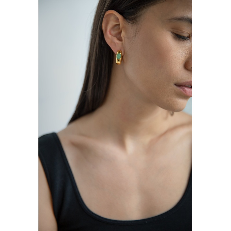 THICK HOOP EARRING WITH GREEN GEMSTONE Gold One Size