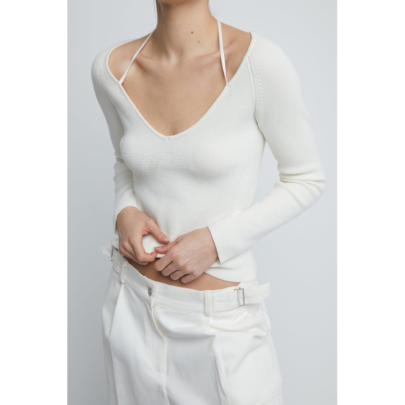 V-NECK HALTER SWEATER Cream Double Extra Small