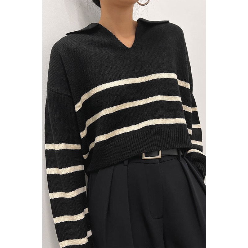 COLLARED STRIPE SWEATER Black Cream Double Extra Small