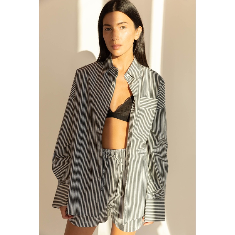 COTTON POPLIN STRIPED SHIRT Navy Pinstripe Double Extra Small