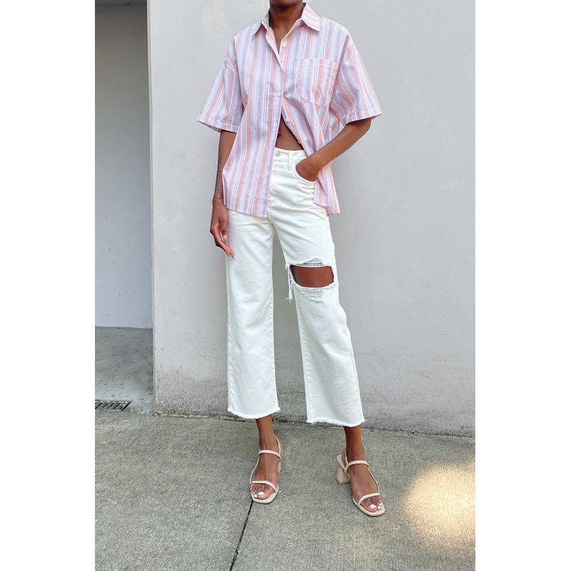 STRIPED BUTTON UP SHIRT Pink Stripe Small