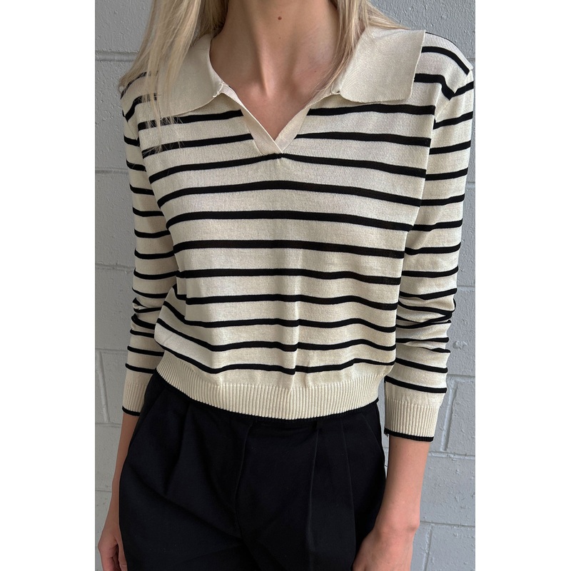 STRIPED COLLARED SWEATER Black stripe Small