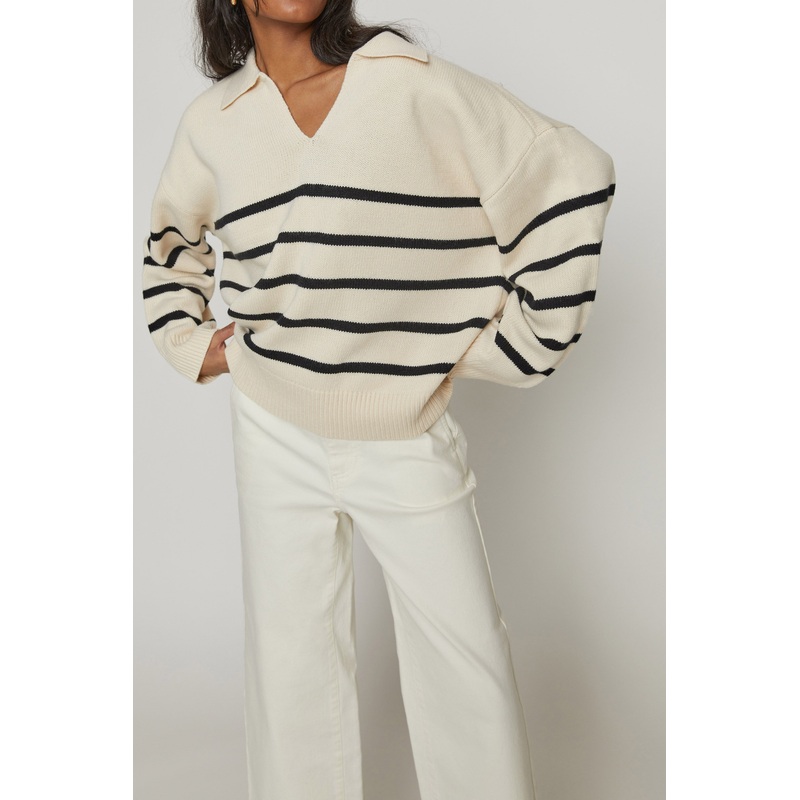 STRIPED COLLARED SWEATER Oatmeal Black Stripe Double Extra Small