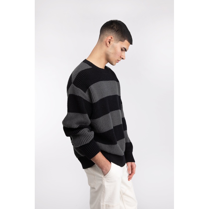 STRIPED CREWNECK SWEATER Black Gunmetal Stripe Double Extra Small