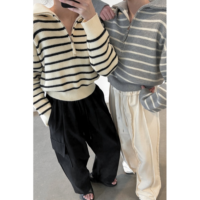 STRIPED HALF ZIP SWEATER Gray Stripe Small