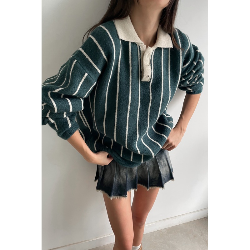 STRIPED RUGBY SWEATER Green Small