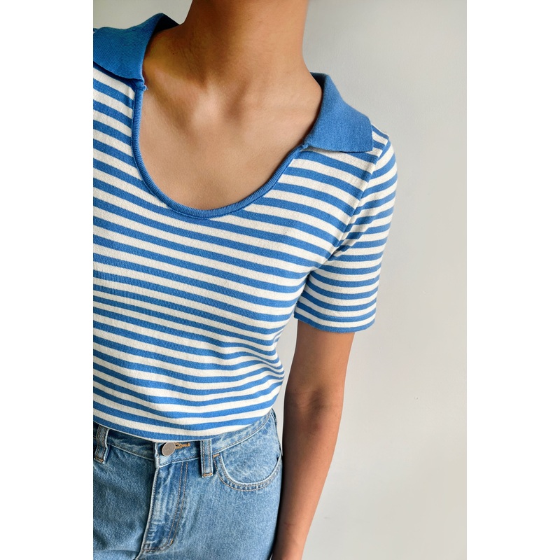 STRIPED SCOOP NECK COLLARED TOP Blue Stripe Small