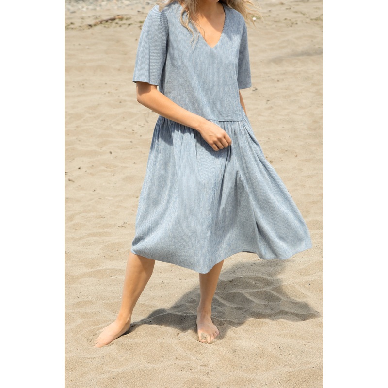STRIPED SEERSUCKER FLOWY DRESS Whale Blue Stripe Extra Small