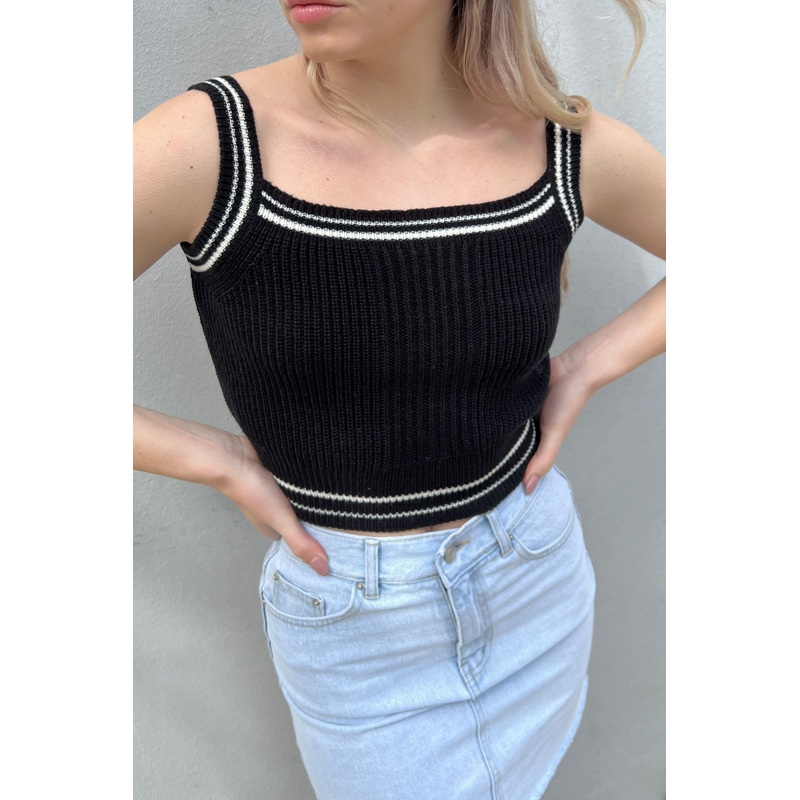 STRIPED TRIM KNIT TANK Black Small