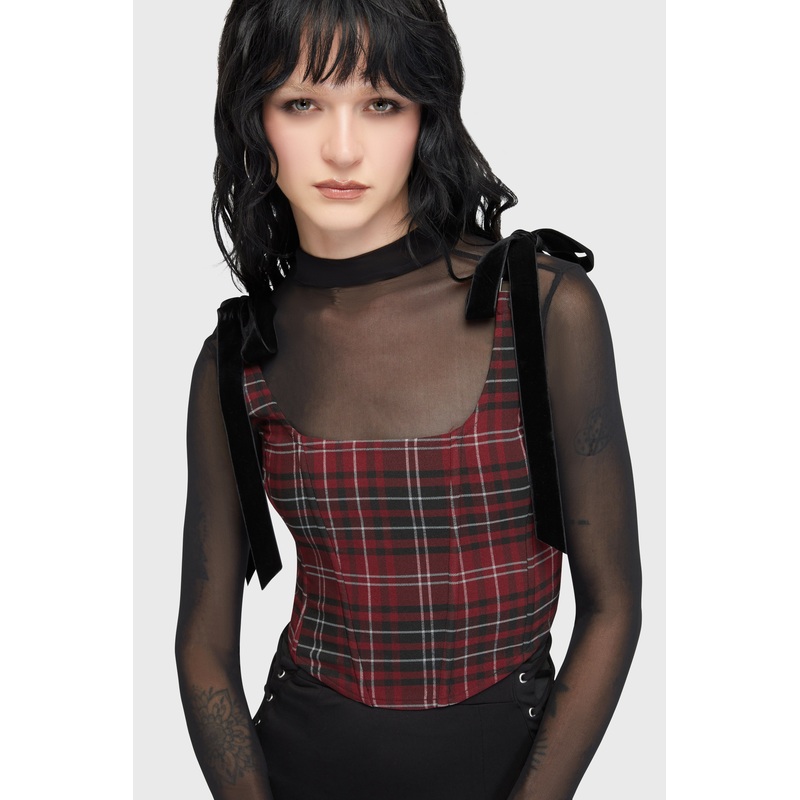 Tartan Flora Corset Top [BURGUNDY] XS Burgundy 68% Viscose 28% Polyester 4% Elastane