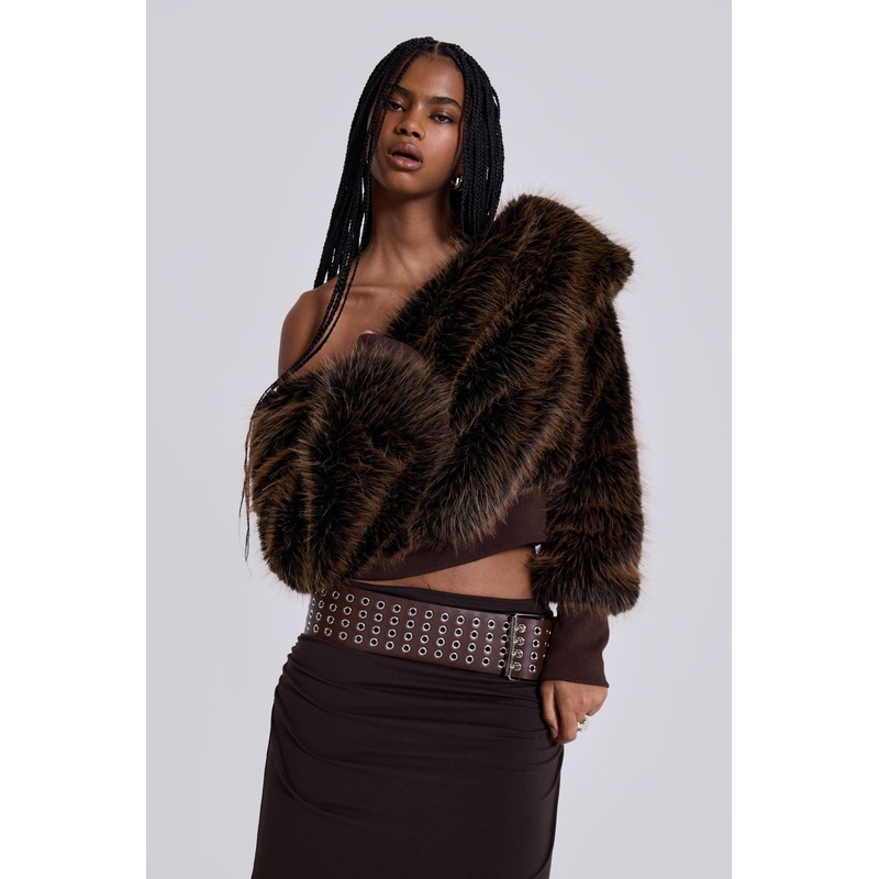 316 Off The Shoulder Fur Jumper in Brown S/M Brown