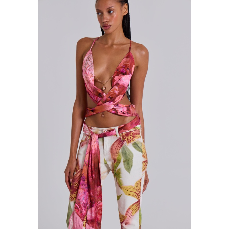 Ayla Satin Backless Plunge Wrap Top In Rosa S/M Multi