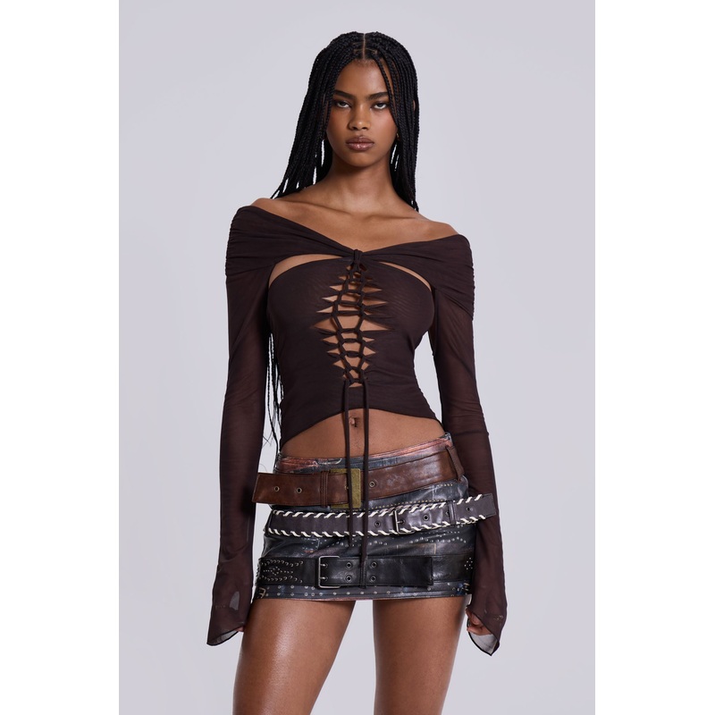 Bianca Macrame Off Shoulder Mesh Top UK 4 Brown