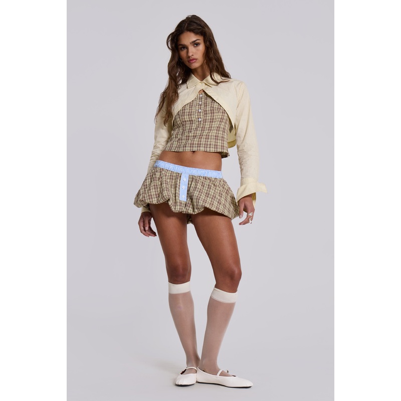 Brown Checked Lulu Puffball Boxer Micro Skirt UK 4 Brown