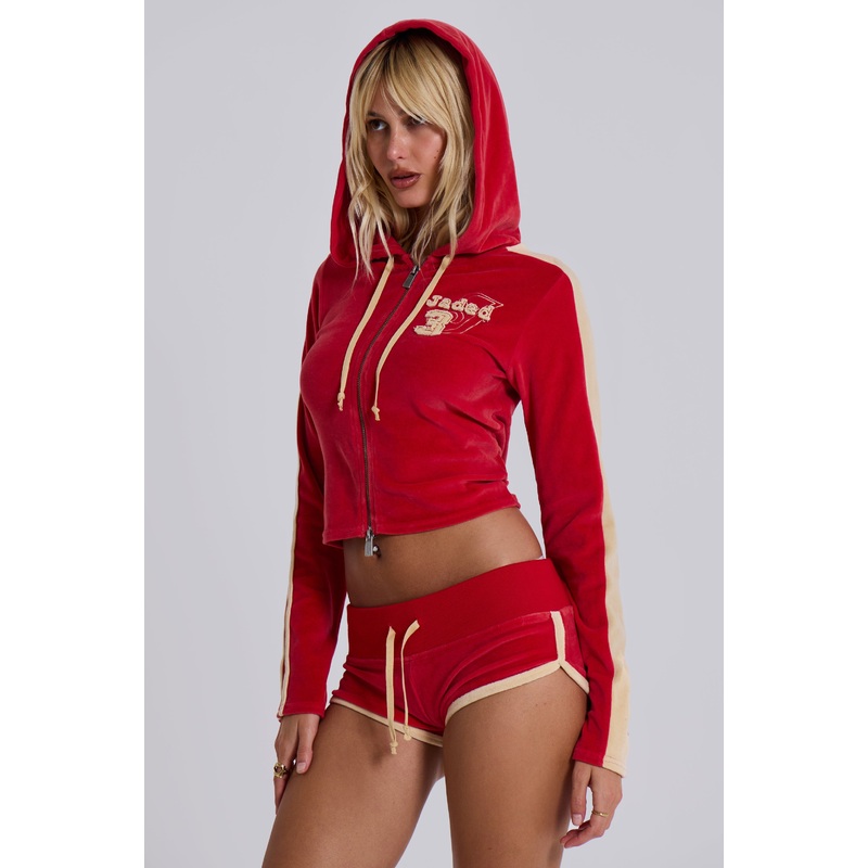 Red Three Velour Fitted Hoodie UK 4 Red