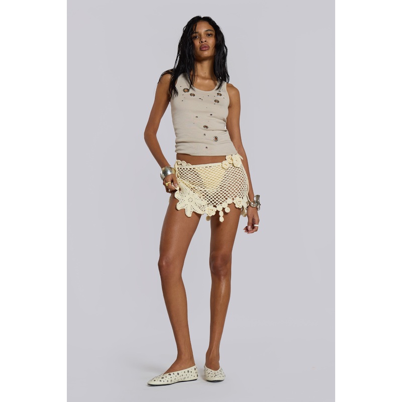Stone Crochet Asymmetric Mini Skirt XS Cream