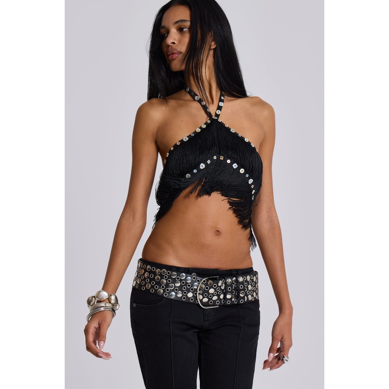 Asha Fringed Top With Buttons XS Black