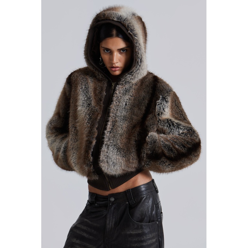 Bear Faux Fur Hooded Jacket XS Brown
