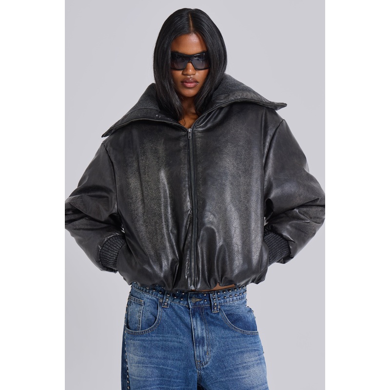 Black Alloy Vegan Leather Bomber Jacket XS Black