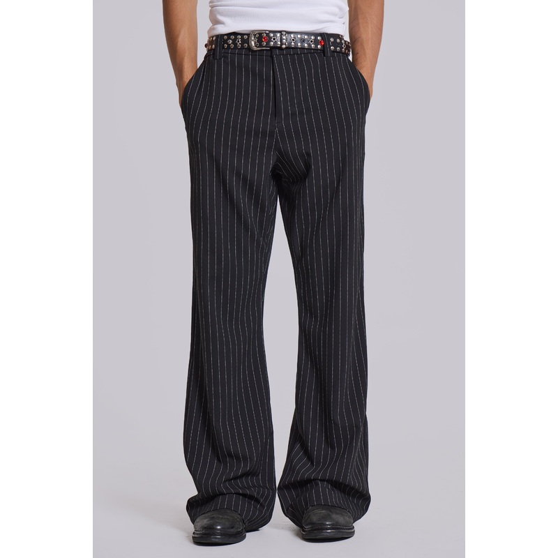 Black Pinstripe Stacked Bootcut Suit Pants W26 Black