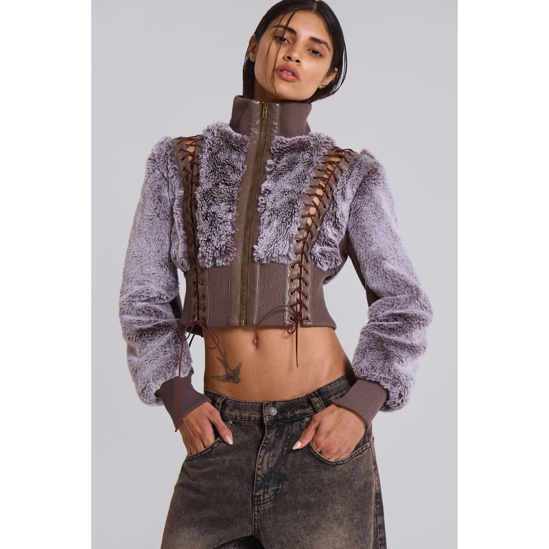 Carlotta Faux Fur Lace Up Jacket XS Brown