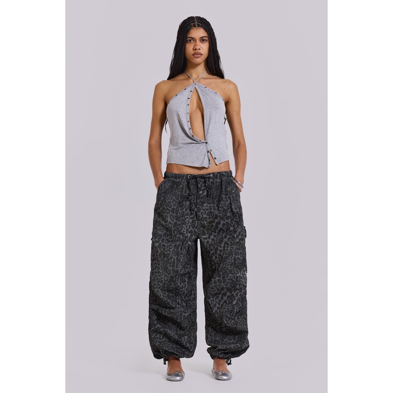 Charcoal Leopard Parachute Pants XS Grey
