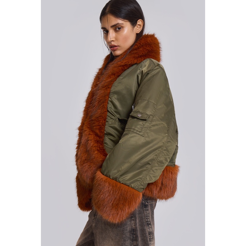 Evren Faux Fur Bomber Jacket in Khaki XS Khaki