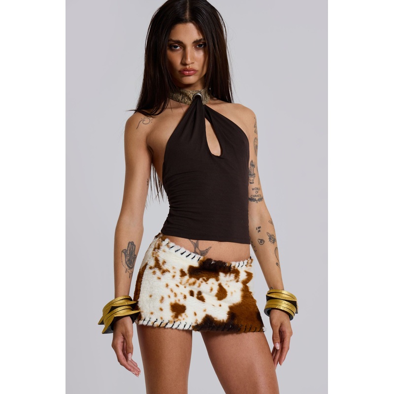 Kena Whipstitch Cow Micro Mini Skirt UK 4 Brown