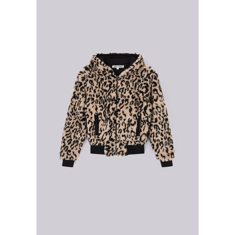 Leopard Faux Fur Hooded Jacket XXS Brown