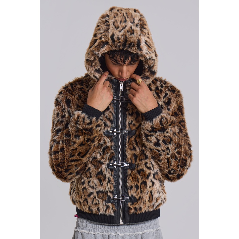 Leopard Faux Fur Hooded Mendoza Jacket XS Leopard Print