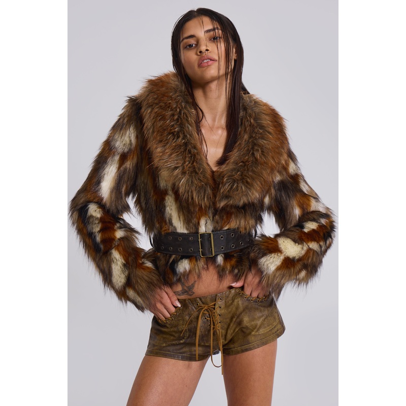 Mesconda Faux Fur Belted Jacket XS Brown