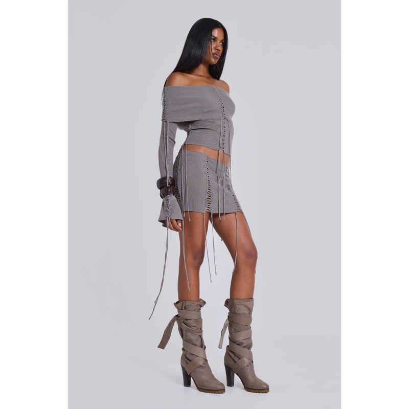 Vargo Knit Lace Up Mini Skirt XS Grey