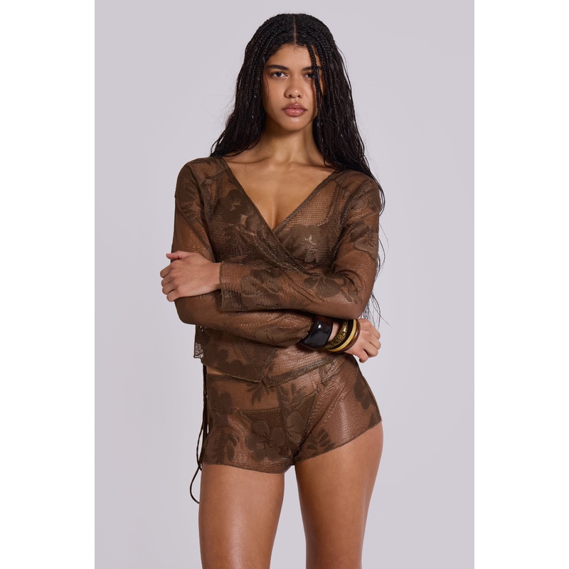 Celina Sheer Mini Shorts UK 4 Brown