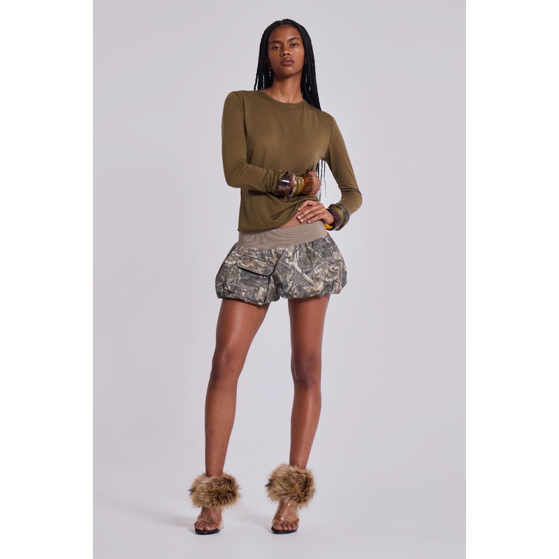 Woodland Camo Puffball Cargo Mini Skirt UK 4 Camo