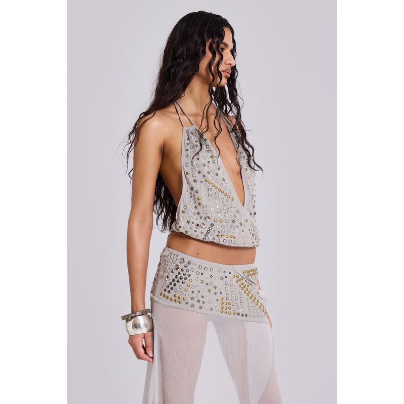 Xtal Studded Backless Plunge Top UK 4 Grey