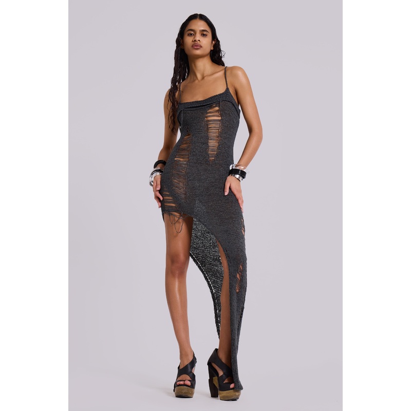 Zila Asymmetric Distressed Knit Dress UK 4 Grey