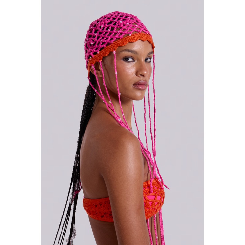 Aurea Crochet Fringe Sequin Hat ONE SIZE Pink
