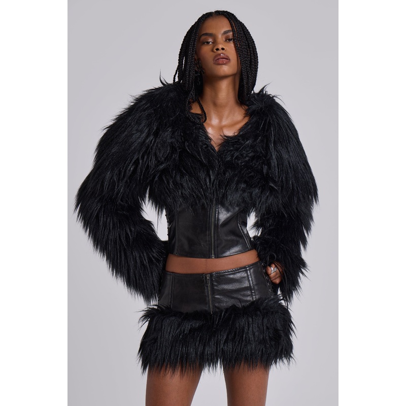 Viera Faux Fur and Leather Jacket XS Black