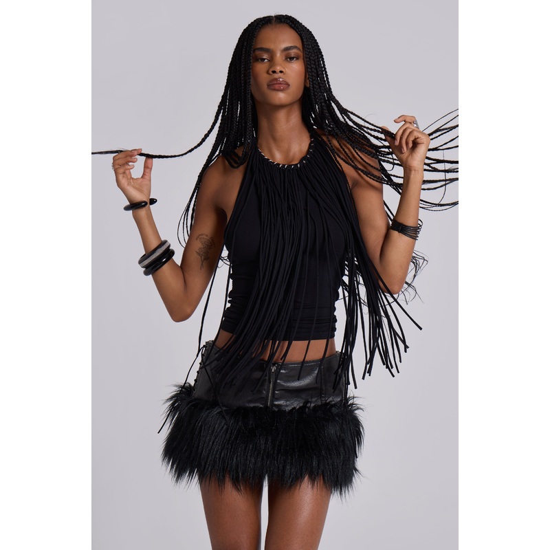 Viera Faux Fur and Leather Mini Skirt UK 4 Black