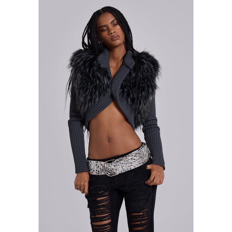Zeka Faux Fur Knit Shrug XS Grey